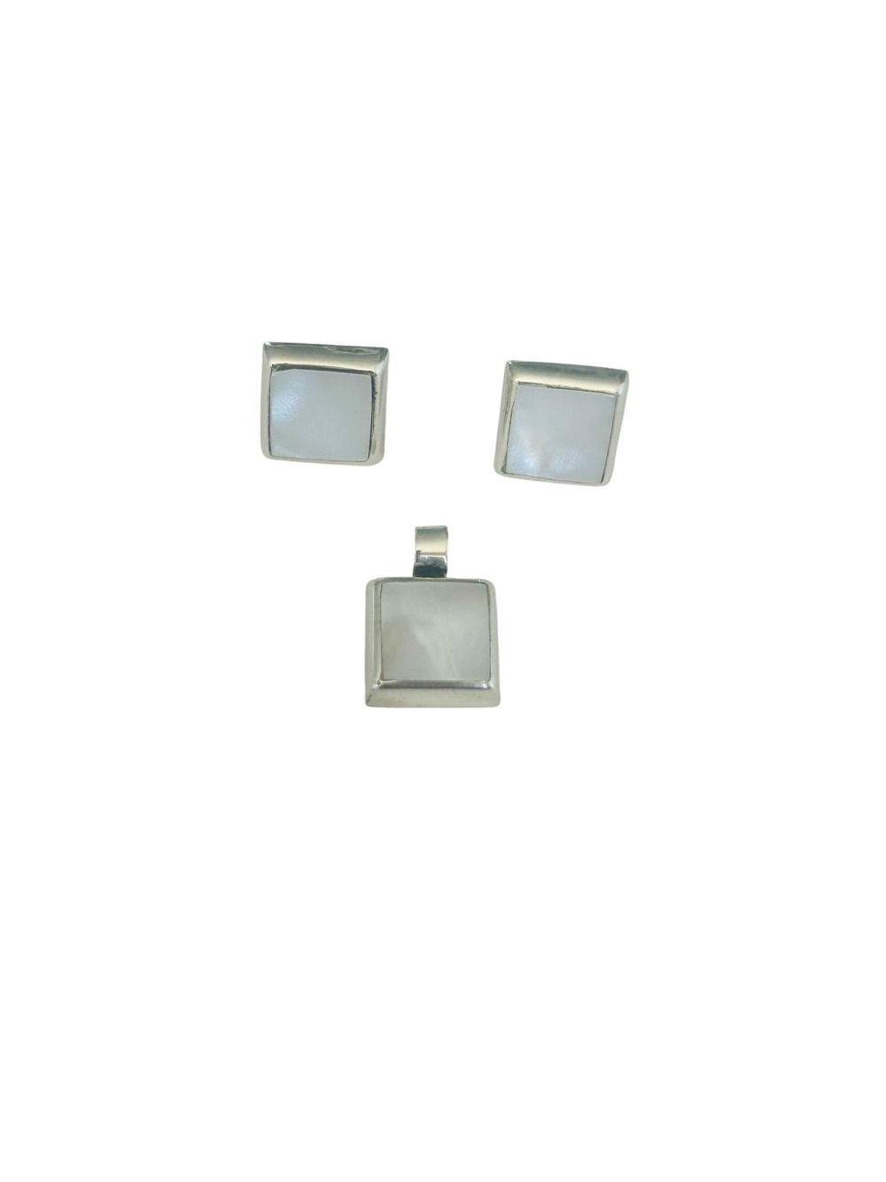 Taxco Mexico 925 Sterling Silver White Stud Earrings & Pendant Set 1cm